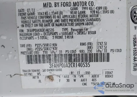 2012 Ford Fusion Sel z USA, uszkodzony, nr VIN 3FAHP0JA2CR140535